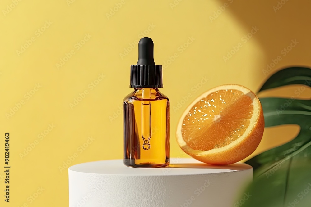 Serum oil vitamin C pipette dropper bottle on white podium copy space skin care beauty product. Anti aging antioxidant beauty serum vitamin C natural cosmetic Serum oil vitamin C pipette dropper bottle on white podium copy space skin care beauty product. Anti aging antioxidant beauty serum vitamin C natural cosmetic