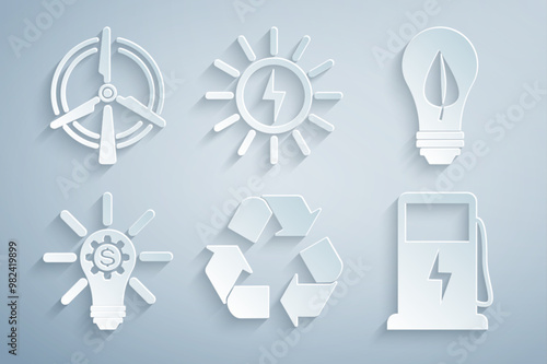 Set Recycle symbol, Light bulb with leaf, gear, Electric car charging station, Solar energy panel and Rotating wind turbine icon. Vector