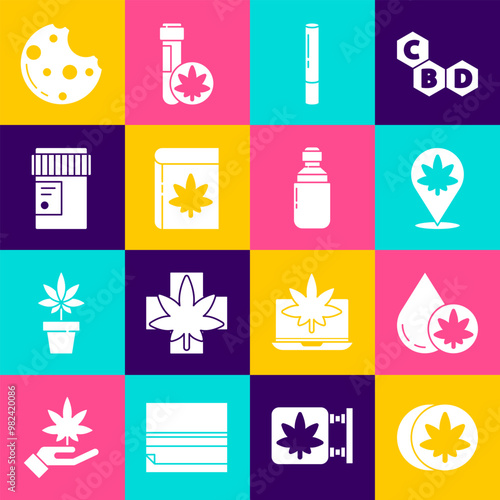 Set Herbal ecstasy tablets, Marijuana or cannabis olive oil, Location and marijuana, joint, Book, Medical bottle with, Cookies and icon. Vector