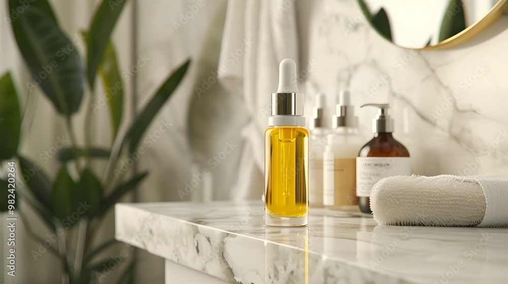 Luxurious Facial Oil Bottle on a Marble Vanity with Elegant Skincare Products Luxurious Facial Oil Bottle on a Marble Vanity with Elegant Skincare Products