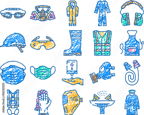 personal protective equipment ppe doodle icons set vector. sketch line art safety mask, medical doctor, hospital virus, health, glasses disease, construction personal protective color illustrations