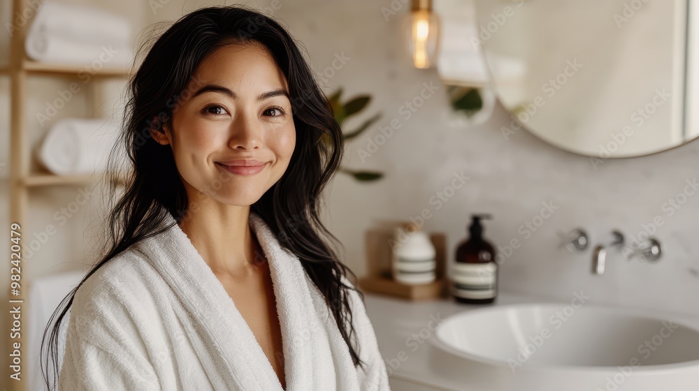 Asian woman wrapped in a bathrobe, standing by a bathroom vanity, smiling softly, Relaxing in bathroom, peaceful and refreshed Asian woman wrapped in a bathrobe, standing by a bathroom vanity, smiling softly, Relaxing in bathroom, peaceful and refreshed