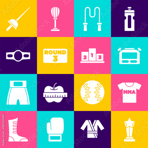 Set Award cup, T-shirt with fight club MMA, Stopwatch, Jump rope, Boxing ring board, belt, Fencing and over sports winner podium icon. Vector