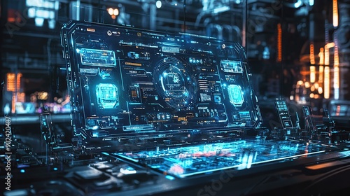 Futuristic technology interface with glowing blue and orange lights.