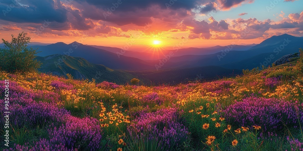 A breathtaking sunset over a field of wildflowers in a mountainous landscape A breathtaking sunset over a field of wildflowers in a mountainous landscape