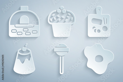 Set Lollipop, Cutting board, Pudding custard, Scrambled eggs, Cake and Brick stove icon. Vector