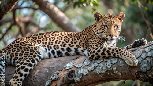 Majestic leopard gracefully resting on a tree branch in the heart of the jungle photo