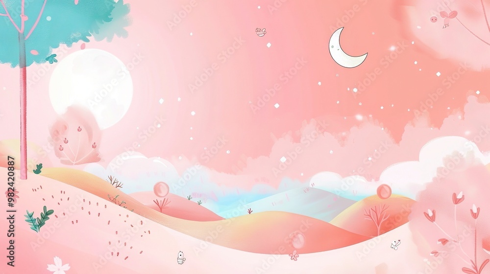 A delightful children's cartoon scene set against a dreamy pink background. There are colorful and cute characters that might be animals or little people A delightful children's cartoon scene set against a dreamy pink background. There are colorful and cute characters that might be animals or little people