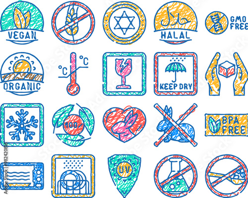product caution label warning doodle icons set vector. sketch line art vegan, gluten free, fair trade, temperature sensitive, kosher, halal, gmo free product caution label warning color illustrations
