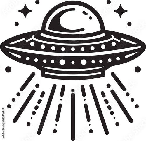 black Flying saucer silhouette vector icon, black and white