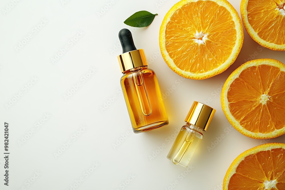 Vitamin C serum in cosmetic bottle with dropper and slice of orange on white background. Organic SPA cosmetics with herbal ingredients Vitamin C serum in cosmetic bottle with dropper and slice of orange on white background. Organic SPA cosmetics with herbal ingredients