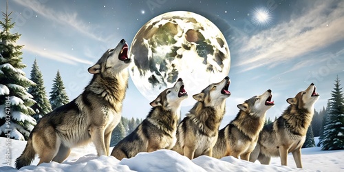 Wolves howling at the moon in a snowy forest photo