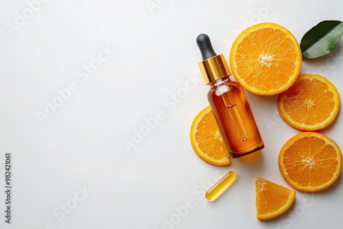 Vitamin C serum in cosmetic bottle with dropper and slice of orange on white background. Organic SPA cosmetics with herbal ingredients