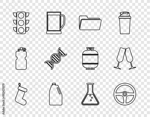 Set line Christmas sock, Steering wheel, Folder, Household chemicals bottle, Traffic light, DNA symbol, Test tube and flask and Glasses of champagne icon. Vector