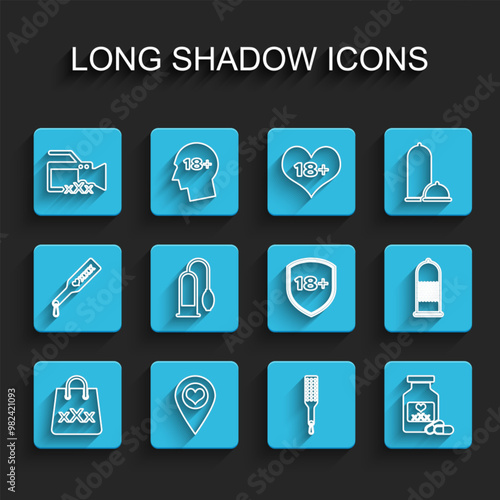 Set line Shopping bag with triple X, Location heart, Video camera Sex, Spanking paddle, Bottle pills for potency, Penis pump, Condom safe sex and Shield 18 plus icon. Vector