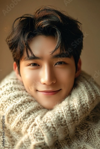 Warm and Inviting Portrait of a Cheerful Young Korean Man in Cozy Sweater