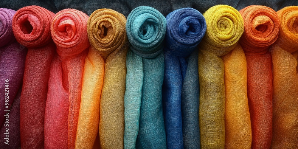 A colorful display of rolled fabric showcasing a vibrant spectrum of hues A colorful display of rolled fabric showcasing a vibrant spectrum of hues