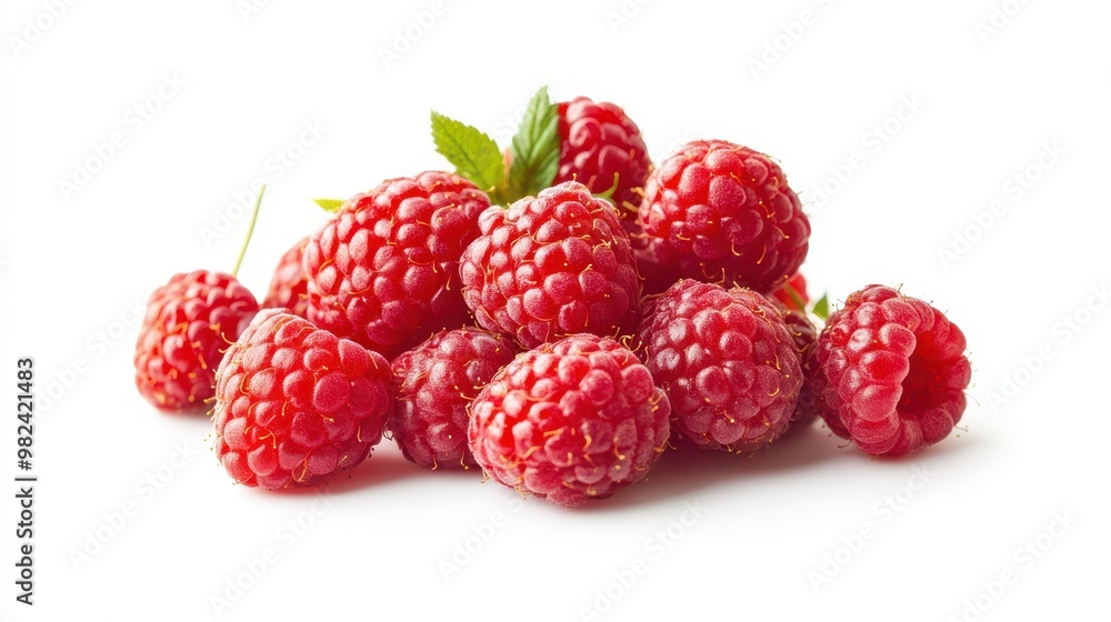 A bunch of ripe red raspberries, arranged in a small cluster on a white background. The soft texture of the berries creates natural shadows and highlights. A bunch of ripe red raspberries, arranged in a small cluster on a white background. The soft texture of the berries creates natural shadows and highlights.