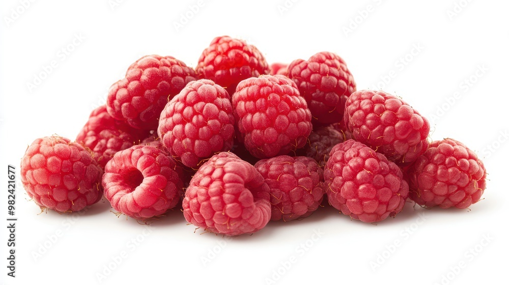 A bunch of ripe red raspberries, arranged in a small cluster on a white background. The soft texture of the berries creates natural shadows and highlights. A bunch of ripe red raspberries, arranged in a small cluster on a white background. The soft texture of the berries creates natural shadows and highlights.