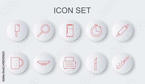 Set line Frying pan, Coffee cup, Refrigerator, Knife, Meat chopper, Kitchen colander and Toaster with toasts icon. Vector