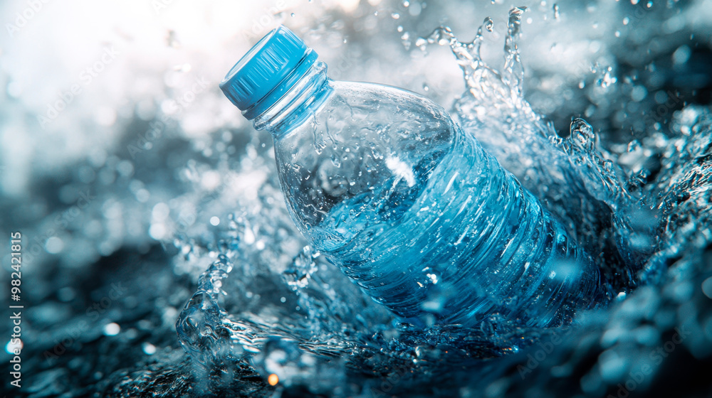 A plastic water bottle being splashed with clear, clean, and refreshing blue liquid A plastic water bottle being splashed with clear, clean, and refreshing blue liquid