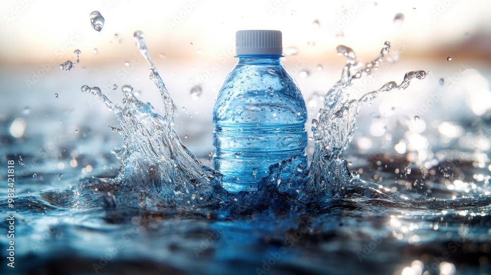 A plastic water bottle being splashed with clear, clean, and refreshing blue liquid A plastic water bottle being splashed with clear, clean, and refreshing blue liquid