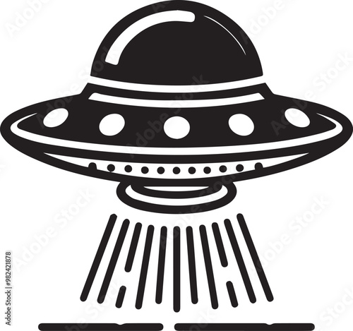 black Flying saucer silhouette vector icon, black and white