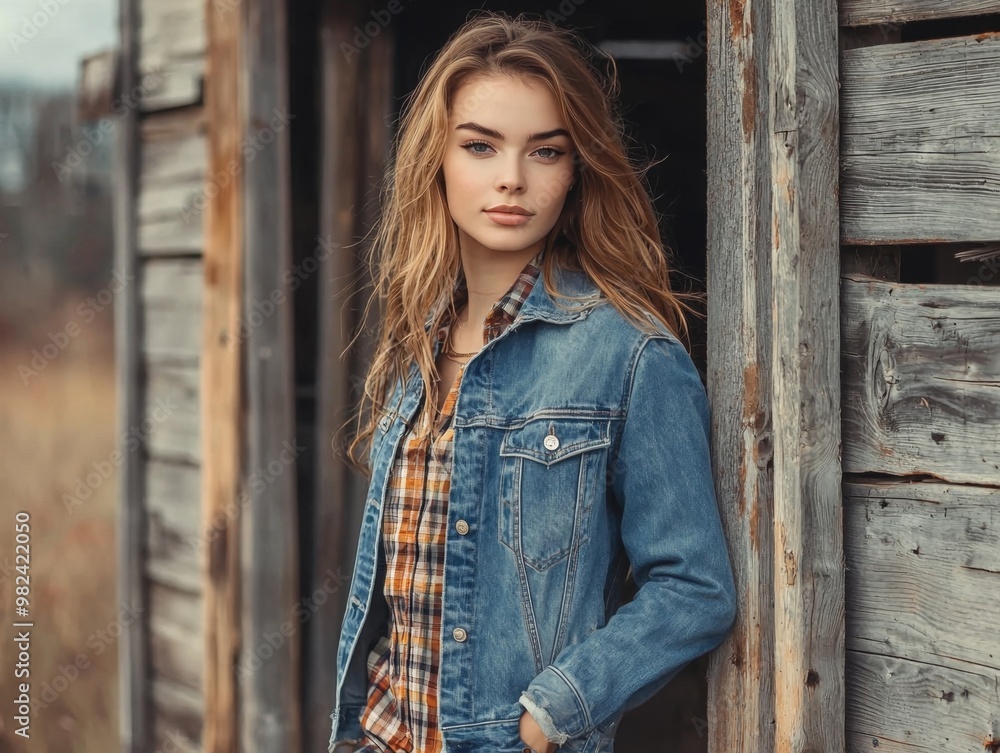 Young Woman in Casual Country Inspired Fashion Posing Outdoors Young Woman in Casual Country Inspired Fashion Posing Outdoors