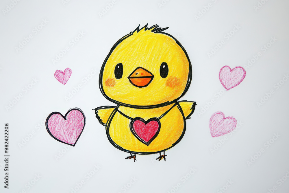 A kid's basic scribbly outline of a colourful yellow duck on plain white paper. A kid's basic scribbly outline of a colourful yellow duck on plain white paper.