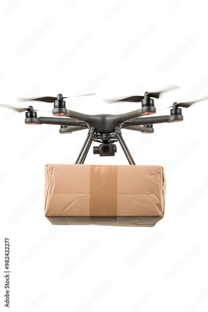A drone delivering a package, symbol of innovation in technology, sleek futuristic design, isolated on white background A drone delivering a package, symbol of innovation in technology, sleek futuristic design, isolated on white background