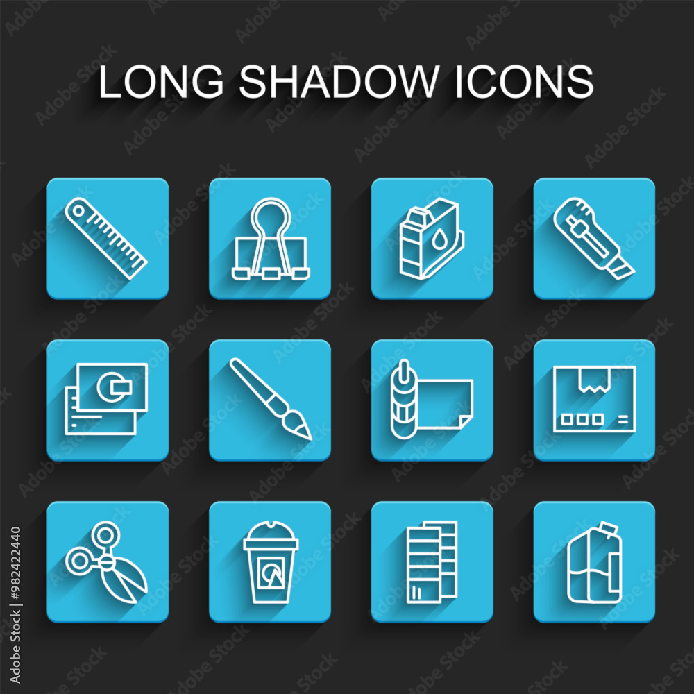 Set line Scissors, Coffee cup to go, Ruler, Pantone, Printer ink bottle, Paint brush, Carton cardboard box and Roll paper icon. Vector Set line Scissors, Coffee cup to go, Ruler, Pantone, Printer ink bottle, Paint brush, Carton cardboard box and Roll paper icon. Vector