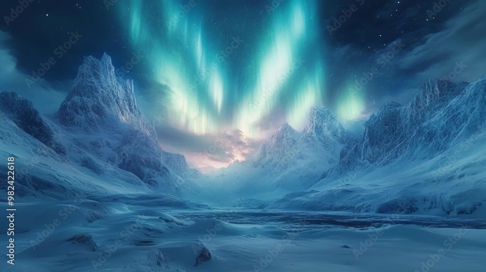 Fototapeta premium Northern Lights Over Snowy Mountains.