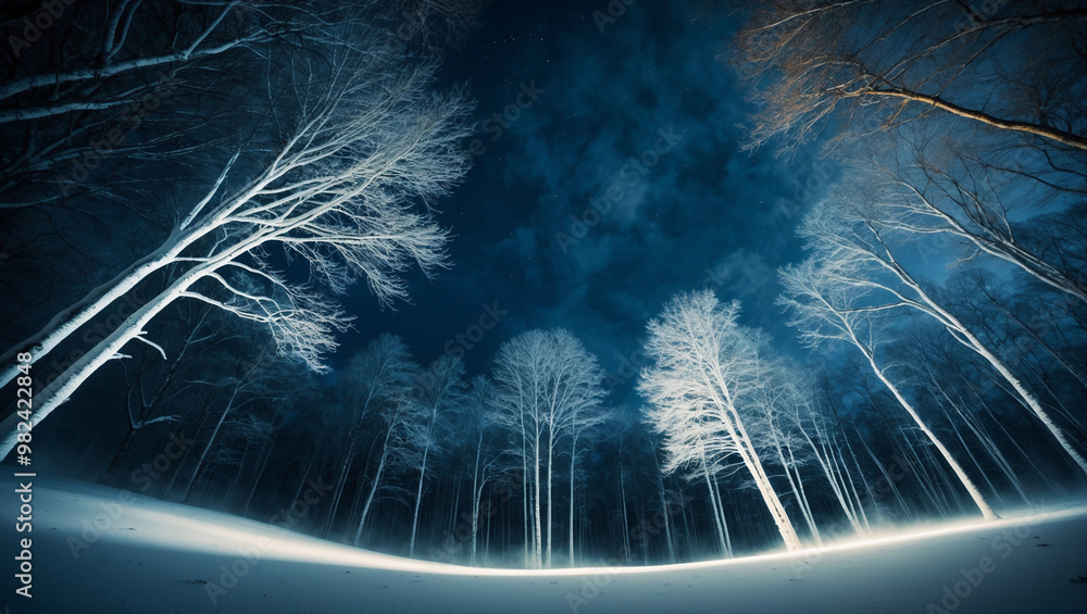 Naklejka premium A dramatic low-angle shot of a snow-covered forest at night