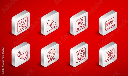 Set line Online poker table game, Game dice, Laptop and slot machine, Coin money with dollar, Money prize casino, Lottery and Casino chips exchange icon. Vector