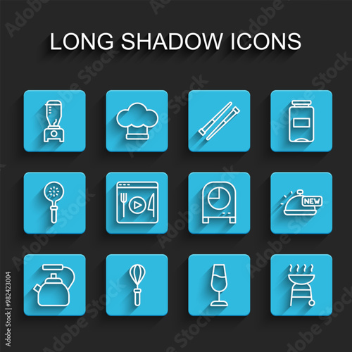 Set line Kettle with handle, Kitchen whisk, Blender, Wine glass, Barbecue grill, Cooking live streaming, Covered tray of food and timer icon. Vector