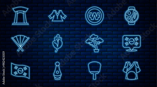 Set line Kimono, Location South Korea, Korean won coin, Kimchi, Traditional fan, gate, Bonsai tree and icon. Vector