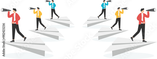 Career or business vision and strategic plan, business forecast, vision and hope for future growth, business opportunities, isometric four businessmen standing with binoculars on paper airplanes


