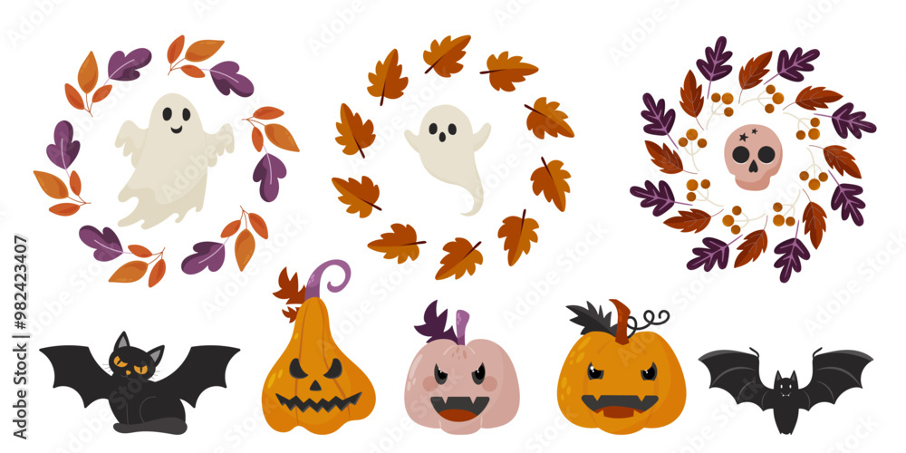 Obraz premium Hello Autumn hand drawn set individual elements. Fall leaves, pumpkin, cat, bat, wreath, spook, skull. Harvest time. Colored trendy vector illustration. Autumn floral stickers.
