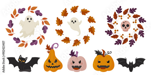 Hello Autumn hand drawn set individual elements. Fall leaves, pumpkin, cat, bat, wreath, spook, skull. Harvest time. Colored trendy vector illustration. Autumn floral stickers.