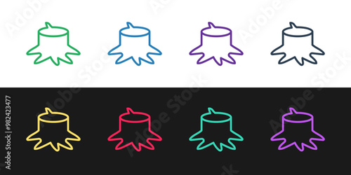 Set line Tree stump icon isolated on black and white background. Vector