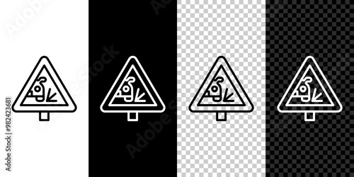 Set line Warning road sign throwing stone materials icon isolated on black and white, transparent background. Traffic rules and safe driving. Vector