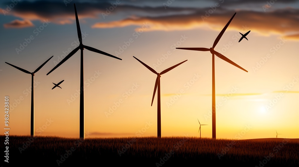 Fototapeta premium Birds flying over wind turbines, harmony between nature and clean energy, 3D illustration