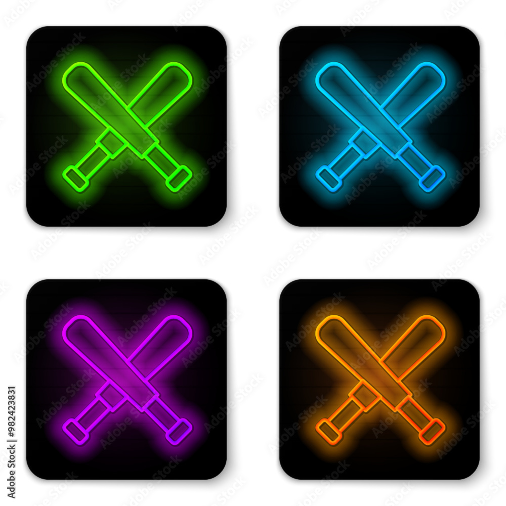 Obraz premium Glowing neon line Crossed baseball bat icon isolated on white background. Black square button. Vector