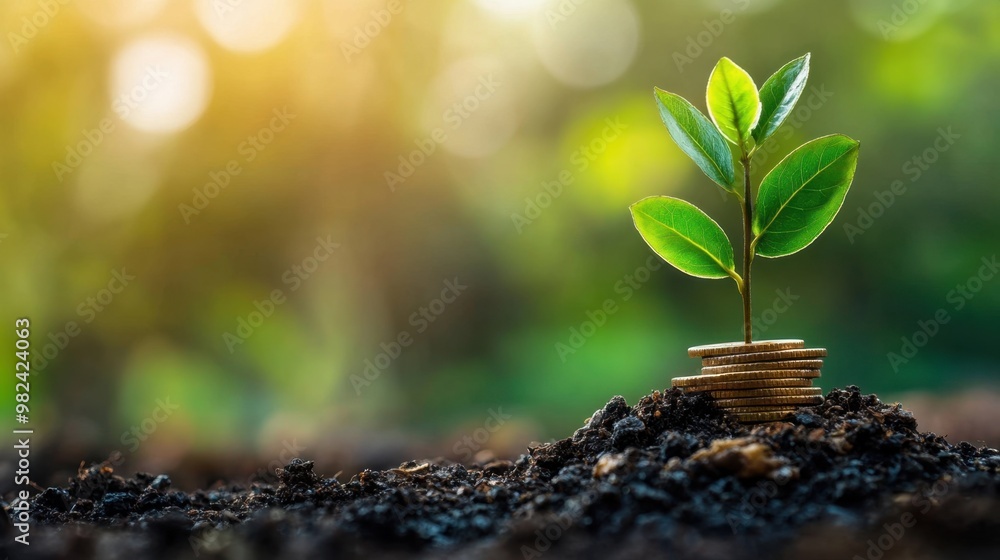 Young plant grows from a pile of coins symbolizing financial growth and prosperity in a sunny environment Young plant grows from a pile of coins symbolizing financial growth and prosperity in a sunny environment