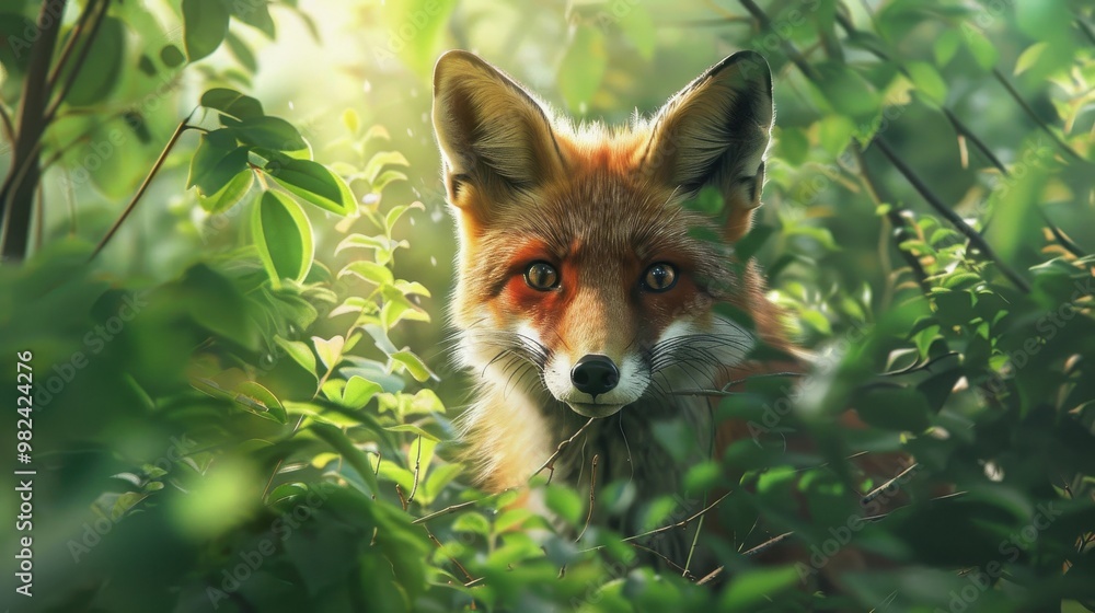 Fototapeta premium A red fox standing amidst lush green foliage in a sunlit forest, with soft dappled light filtering through the trees, Ai Generation