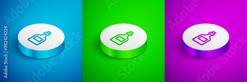 Isometric line Alcohol drink Rum bottle icon isolated on blue, green and purple background. White circle button. Vector