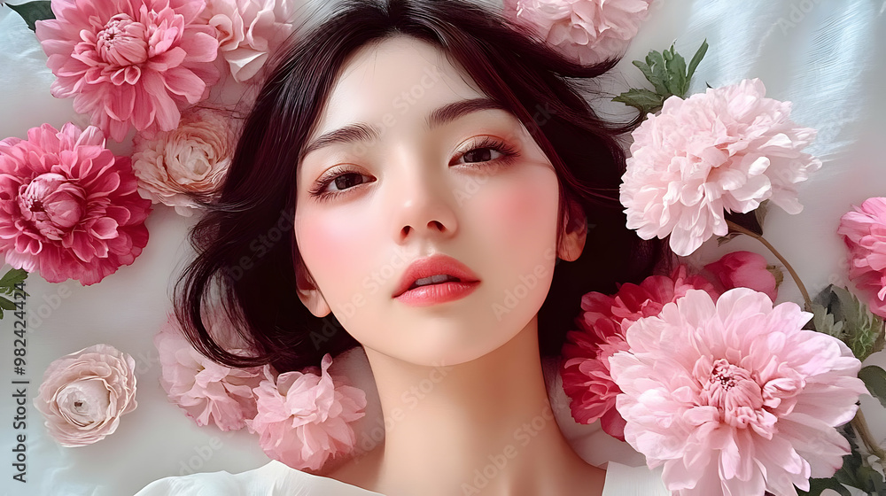 Beautiful Woman Surrounded by Pink Flowers Beautiful Woman Surrounded by Pink Flowers