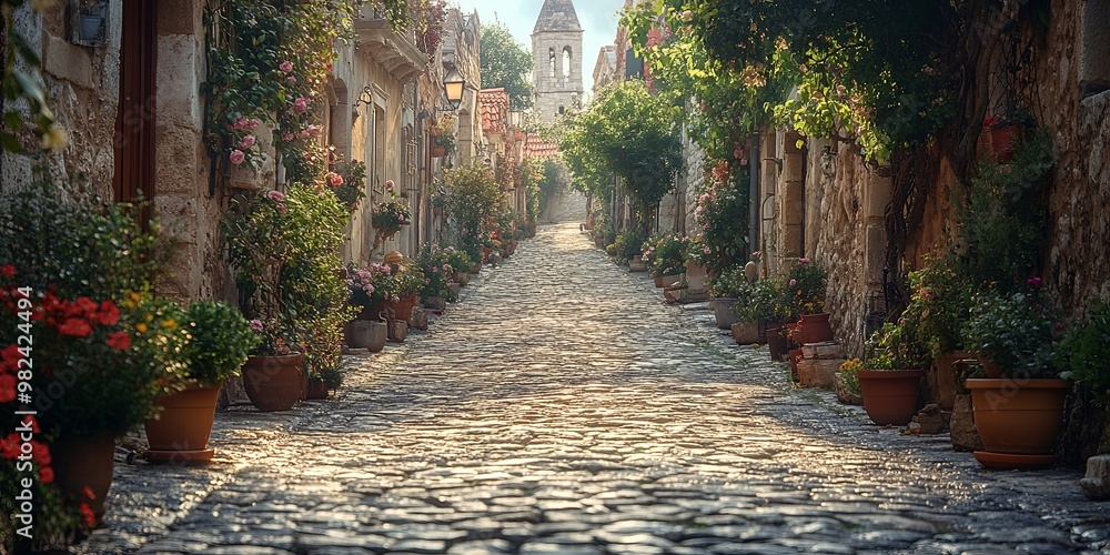 Obraz premium A Sun-Drenched Cobblestone Alleyway Lined With Vibrant Greenery and Stone Walls