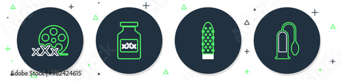 Set line Bottle with pills for potency, Dildo vibrator, Film reel Sex and Penis pump icon. Vector