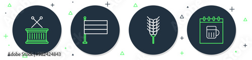 Set line National Germany flag, Wheat, Musical drum and sticks and Saint Patricks day calendar icon. Vector
